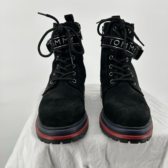 NWOB Womens Black Leather Tommy Hilfiger Buckle Platform Combat Ankle Boots 8.5M - Picture 2 of 8